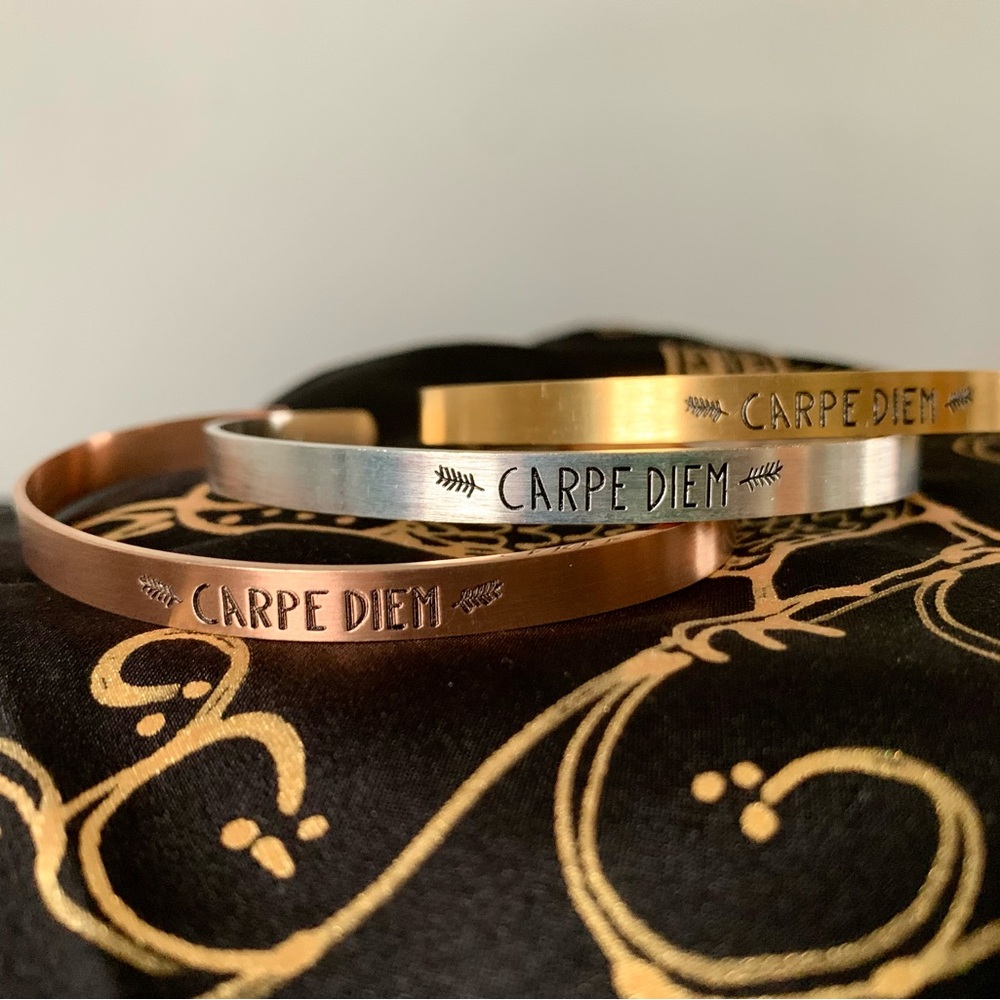 “Carpe Diem” Bangles with Feather Details in Gold, Silver, or Rose Gold